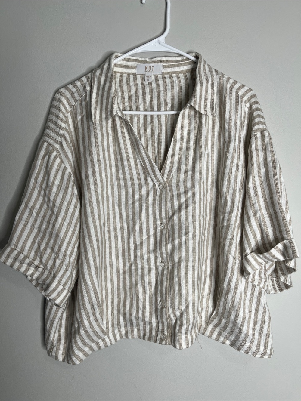 Kut from the Kloth Beige and White Striped Button-Down Top - Picture 1 of 4